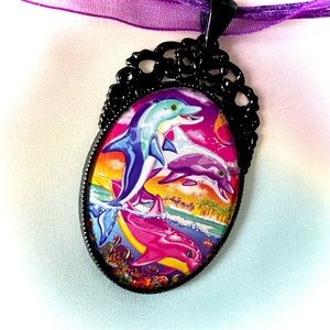 HANDMADE Lisa Frank Dolphin Pendant Black w Resin and Purple Ribbon Necklace🌈🐬